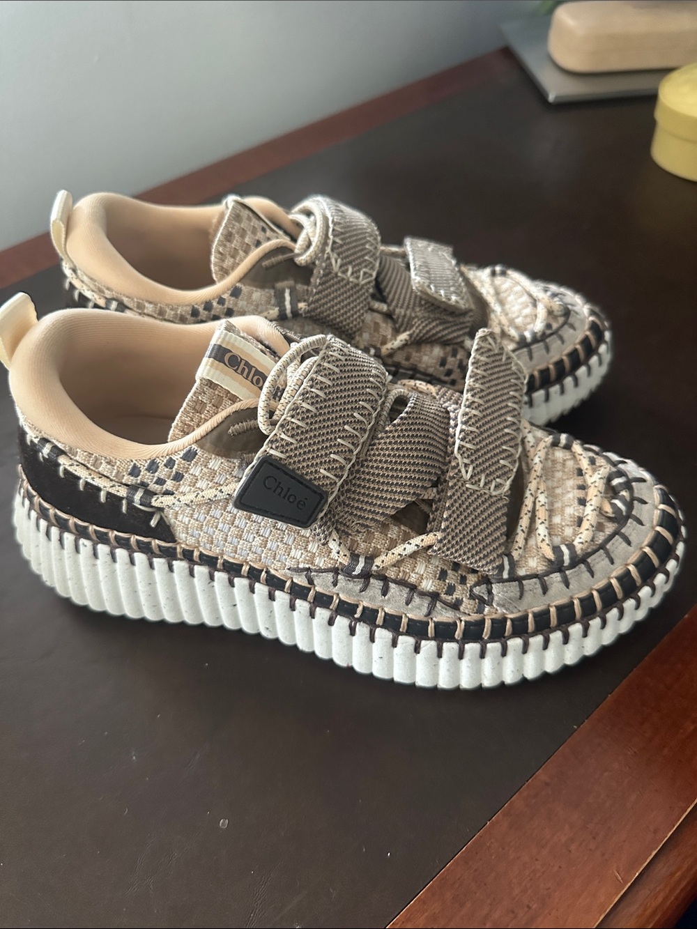 Chloe Nama Beige Brown Velcro Platform Sneakers